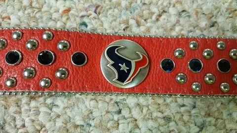 Houston Texans Red Leather Belt Blue Rhinestone Fancy Glitz Bling S L XL XXL Cover