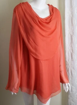 NWT Coldwater Creek 2x CORAL ORANGE Silk CHIFFON Crinkle Tunic Blouse eskandar - Image 1 of 4