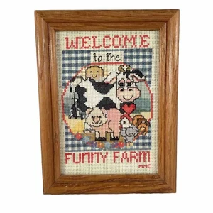 Vintage Handmade Framed Cross Stitch Welcome To The Funny Farm 8” by 6” - Picture 1 of 4