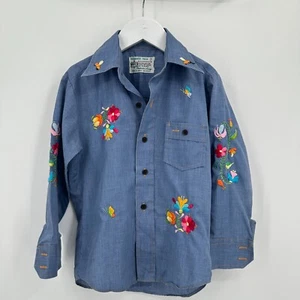 Vtg Kmart Shirt Chambray Kids Girl 7 Blue Orange Embroidered Floral Button Up - Picture 1 of 6