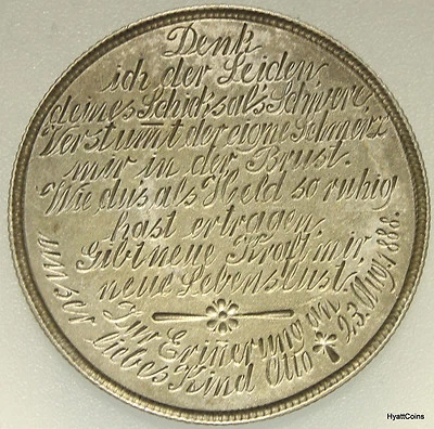 1888A German Silver Love Token 2 Mark KM 510 Prussia One Year Type Friedrich III - Image 1 of 4