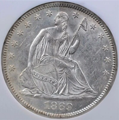 1869 SEATED LIBERTY HALF DOLLAR NGC MS 61 NEARLY ALL SNOWY WHITE NICE STRIKE  - Image 1 of 4