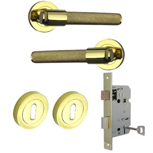 Knurled Polished Brass Door Handles – Internal Lever Handle Packs with Fixings - Picture 1 of 15