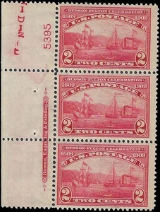 c1909 - #372 2c Hudson-Fulton Imprint Block of 3 - MNH, OG - Picture 1 of 2