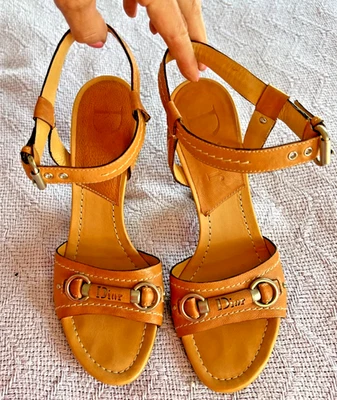 Christian Dior Vintage Tan Leather Sandals Size 38.5 – Buckle Detail, Italy - Image 1 of 4