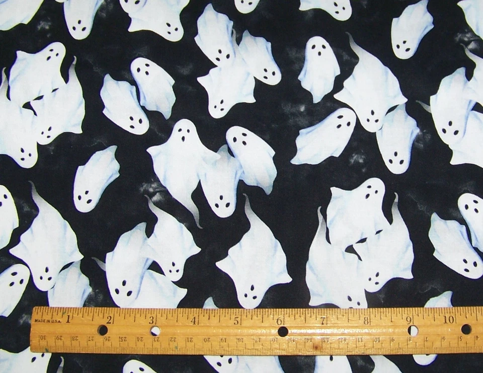 1 yard Hoffman WHITE GHOSTS on BLACK 100% Cotton Fabric HALLOWEEN - Image 1 of 1