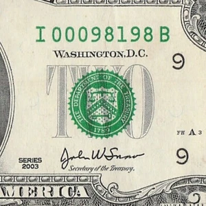 Atlanta 2003 Two Dollar Bill IB Block 00098198 Low Serial Number Fancy - Picture 1 of 11