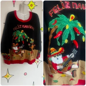 Vintage 90s Y2K | Feliz Navidad Tacky Ugly Embellished Christmas Sweater | 1X - Picture 1 of 4
