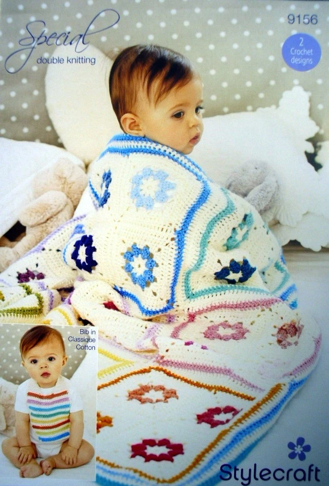 Crochet Pattern Baby CROCHET SQUARES Blanket, & Bib, Stylecraft 9156, Special DK - Image 1 of 1