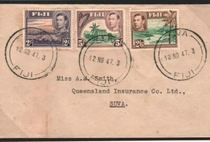 FIJI Cover 1947 Triple KGVI HIGH VALUES Franking Queensland Insurance Co. W268a - Picture 1 of 6