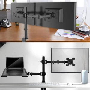 Monitor Stand Laptop Tray Dual Arm Desk Mount Screen Holder Bracket Up to 27'' - Picture 1 of 13