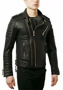 Chaqueta de Piel de Cordero Suave de Cuero Negro Genuino para Motociclista Motocicleta Calce Ajustado - Imagen 1 de 4