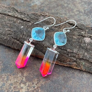 925 Sterling Silver Dangle Blue Topaz Ametrine New Design Girls Party Wear Ear - Picture 1 of 6
