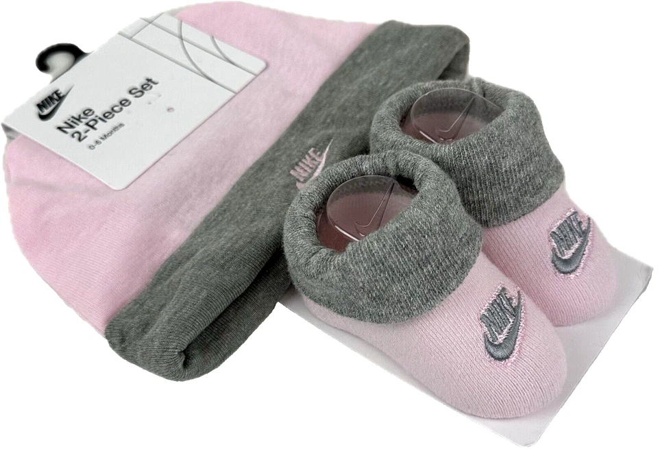 Nike Infant Baby Girls Hat and BOOTIES Set Size 0-6 Months Pink Gray Newborn