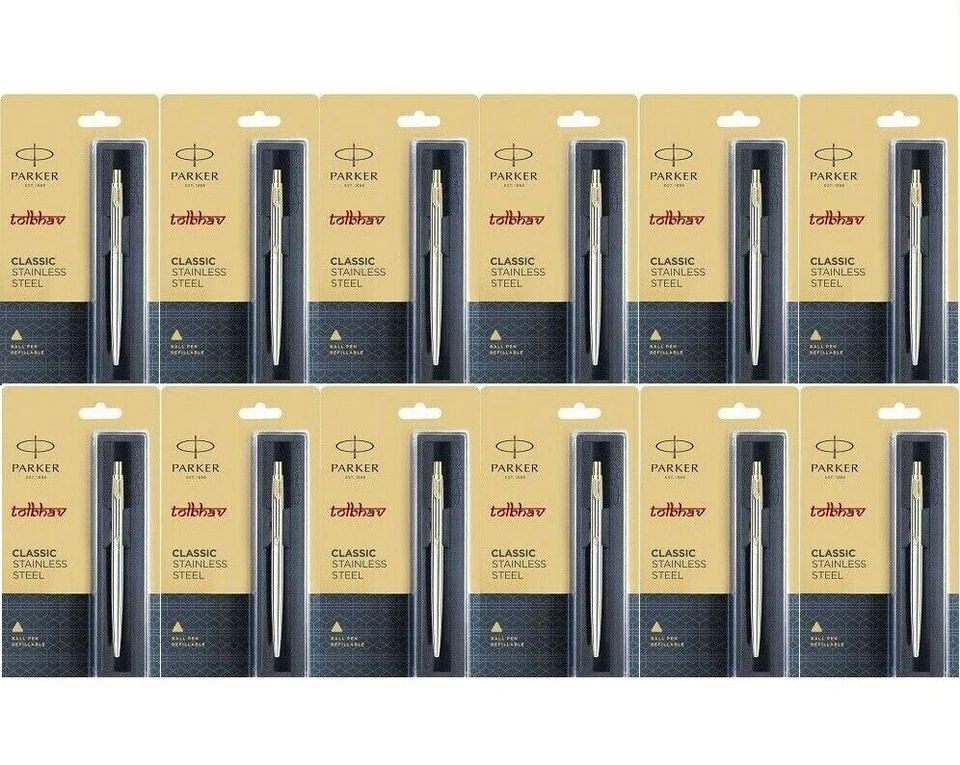 12 X Parker Classic Jotter Stainless Steel GT Gold Trim Ball Point Pen Blue Ink