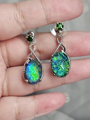 Black Opal Triplet Earrings Faceted Dome Sterling Silver 925 Diopside Push Backs - Image 1 of 4