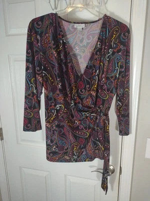 Женская блузка Jaclyn Smith Top Wrap XXL (2X) пейсли бордовое вино рукав 3/4 - Изображение 1 из 4