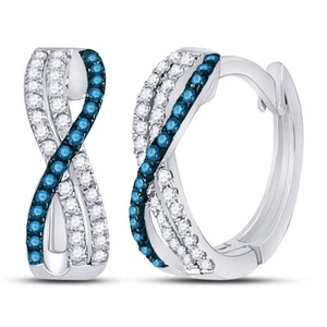 10K White Gold Blue & White Diamond Hoop Earrings Criss Cross 1/4 Cttw - Picture 1 of 2