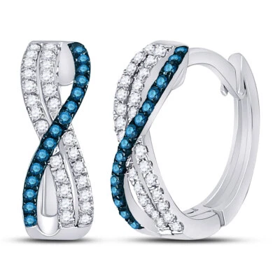 10K White Gold Blue & White Diamond Hoop Earrings Criss Cross 1/4 Cttw - Image 1 of 2