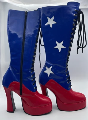 Red White Blue Gogo Boots Womens Sz 8 Platform Patriotic stars knee high zip - Image 1 of 4