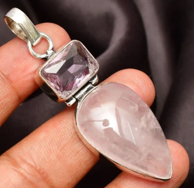 Rose Quartz Pendant Gemstone 925 Sterling Silver Handmade Jewelry Pendant 2.10" - Image 1 of 4