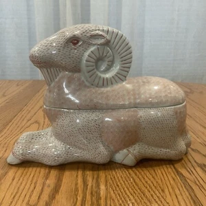 MCM Bombay Company Chinoiserie Aries Ram Urn Lidded Ceramic Vessel - Picture 1 of 9