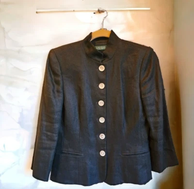 Ralph Lauren Womans Petite 10P Black Linen Button-Up Jacket Blazer Vintage 1990s - Image 1 of 4