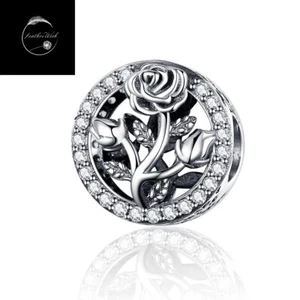 Rose Flower Love Heart Bead Charm For Bracelets Genuine Sterling Silver 925 - Picture 1 of 16