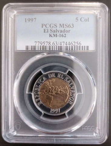 🔥EL SALVADOR RARE BIMETAL UNC COIN 5 COLONES 1997 YEAR SHIP KM#162 PCGS MS63 Cover