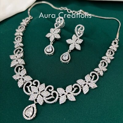American Diamonds Choker Necklace Silver Plated  Bridal Necklace Jewelry Set Foto 1 de 4