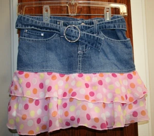 Jolt Girls EUC 14 Blue denim jean skort/ Pink polka dot ruffles - Picture 1 of 2