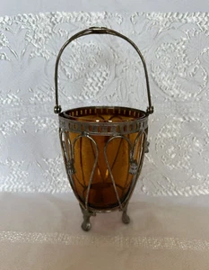 VETRO BOHÉMIEN MAROCCO METALLO con INSERTO VETRO AMBRATO VASO RICINO Raro - Foto 1 di 10