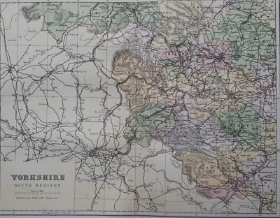 1895 South Western Yorkshire map.  Victorian print. Leeds, Sheffield, Bradford. - Image 1 of 4