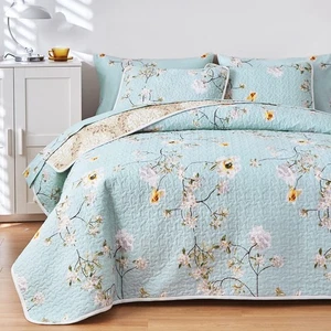 3 Pieces Reversible Floral Quilt Set Aqua, Microfiber Soft Quilt, Elegant Flo... - Picture 1 of 8