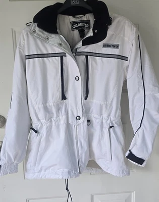 Obermeyer Womens 12 Hooded Zip Up Snap Ski Jacket White Black Stipe Zip Pockets - Image 1 of 4