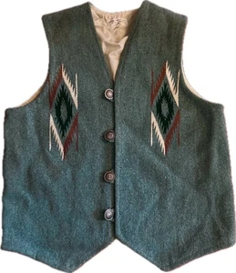VTG Chimayo Wool Blanket Vest Ursulo V. Ortiz Woven Southwestern Teal Men's XL - Picture 1 of 12