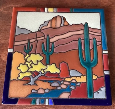 Masterworks handgefertigter Fliesenuntersetzer Berge Kaktus Wüste 6” x 6” Südwesten - Bild 1 von 4