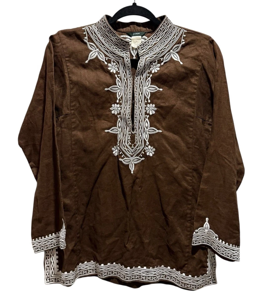 J. Blusa campesina túnica boho bordada marrón grande Crew 100 % lino para mujer de colección Foto 1 de 4
