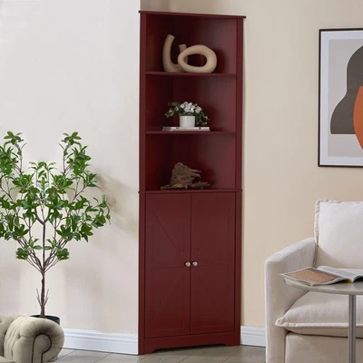 Kings Brand Furniture Tall Corner Cabinet with 2 Doors & 5 Shelves, Red - Image 1 of 4