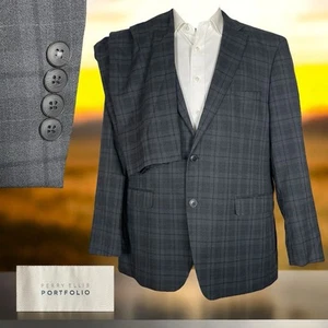 Perry Ellis Portfolio 2 Piece Suit Mens 46R 40x32 Gray Check Rayon Double Vented - Picture 1 of 14