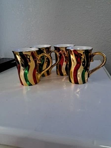 Set Of 4 Shiny Striped Christmas Mugs Red, Green, Gold 8oz - Picture 1 of 3