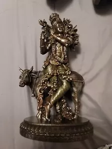 10.5 Inch Hindu God Krishna and The Holy Cow Bronze Finish(Missing Pieces) - Bild 1 von 3