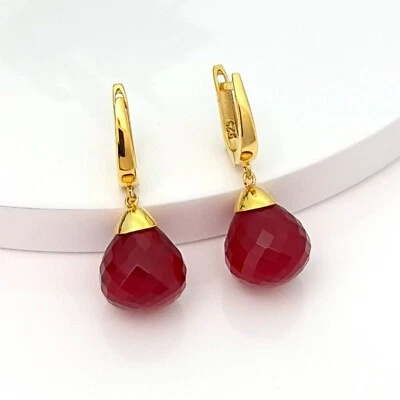 Pendientes colgantes de plata de ley de rubí rojo, llamativos pendientes colgantes, regalo para esposa Foto 1 de 4