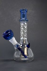 Hookah Water Pipe Glass 7" Blue Twisted Devil Horns Tobacco Bong w/ Bowl 