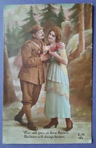 Postcard 'War Will Pass' Soldier, Romance,Flowers,Tinted. WW1 Painted background - Picture 1 of 3