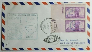 1954 First Flight Brady TX to San Antonio TX Fancy Cancel Plate Dbl. Scott #1027 - Picture 1 of 2