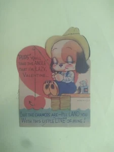 Vtg Valentine Card DieCut Cute Puppy Fishing Off Pier I’ll Land You w/This Line - Picture 1 of 3