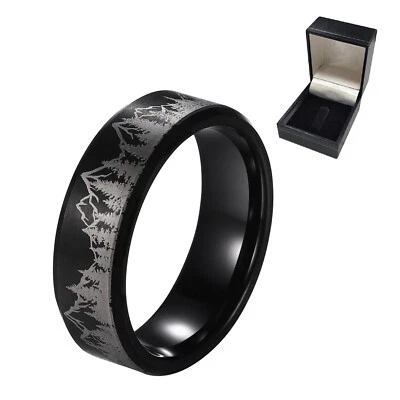 Alianza de boda para hombre 8 mm negro carburo de tungsteno cepillado anillo bosque paisaje incrustación Foto 1 de 4