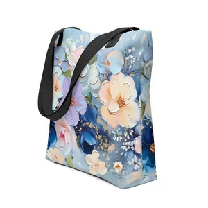 Vintage Pastel Flowers Tote Bag, Reusable Shopping Bag, Blue Floral Shoulder Bag - Picture 1 of 5