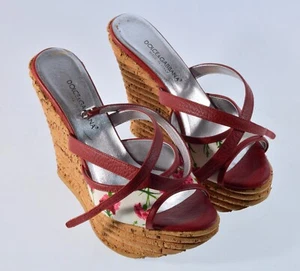 DOLCE & GABANNA REAL CORK LEATHER PLATFORM WEDGE SANDALS IN BOX SIZE 37 - Picture 1 of 8